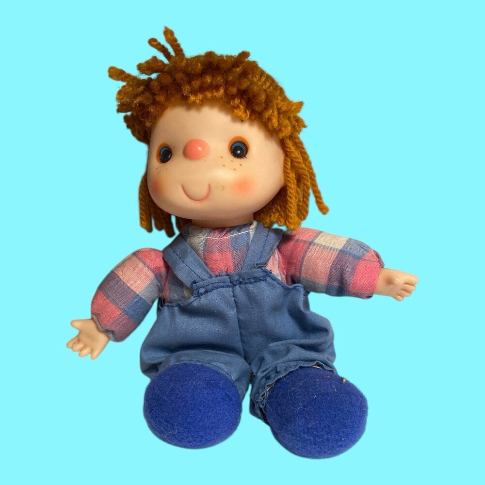Vtg House of Lloyd Small Lollipop Doll Orange Yarn Hair Boy 8” Overalls Label